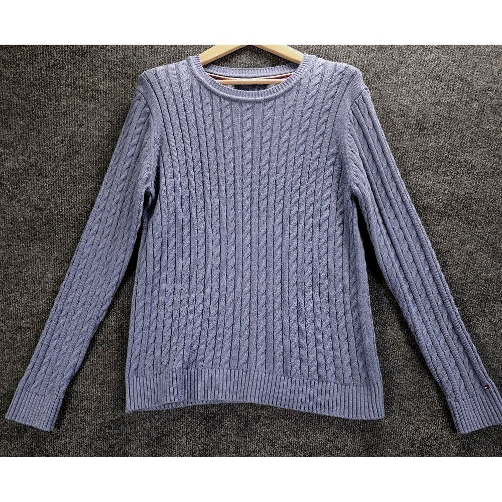 Tommy Hilfiger Womens Light Blue 100%Cotton‎ Cable Knit Crew Neck Sweater